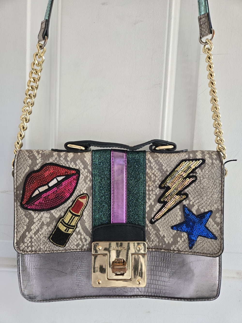 Aldo Crossbody Bag  Metallic Silver & Snake Print With Patchwork